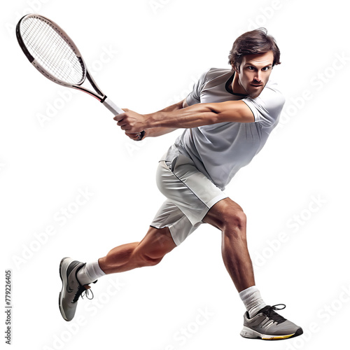 man wearing sportwear playing tennis isolated on white background.