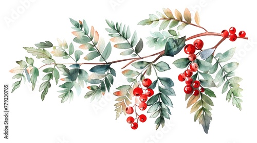 Watercolour branch of rowan leaves berries branch isolated illustration on white background Hand painted Christmas clip art for design or printWatercolour branch of rowan leaves berries branch isolate