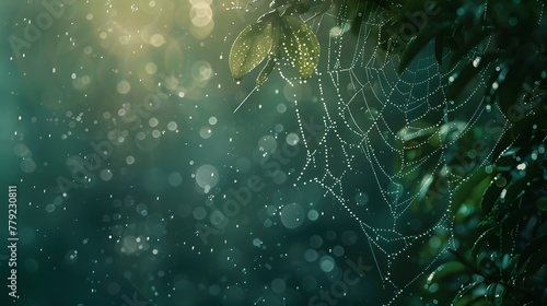 dew drop texture on spider mesh on green background 
