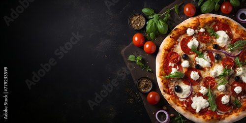 Top view of Mediterranean pizza with tomato sauce, mozzarella, olives, feta, tomatoes, and basil, with copy space, dark concrete background Menu concept. Delicious tasty Italian food diet