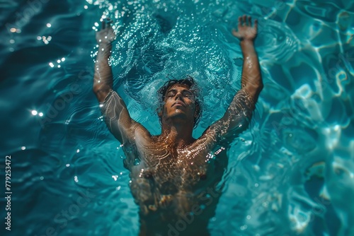 An overhead shot of a man swimming in a crystal-clear pool, with the sun casting glimmers and ripples in the water