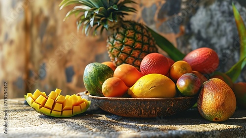 Exotic Delights: Bowl of Pineapples, Bananas, and Mangoes