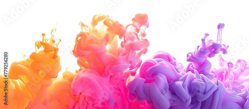A vibrant display of magenta smoke billows out of the water, creating a stunning artistic event against a crisp white background, resembling a flowering plant in bloom
