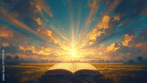 An open Bible with rays of light emanating from it, set against the backdrop of an idyllic landscape