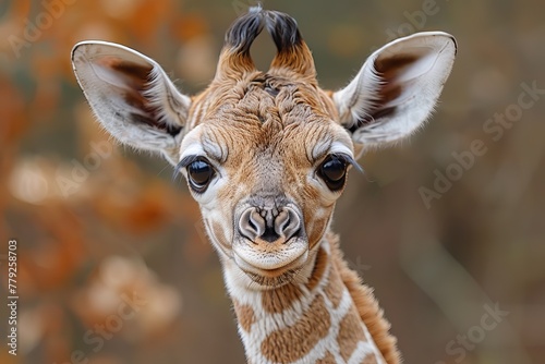 The young giraffe's face displays a compelling innocence and curiosity, with distinct markings adorning its features