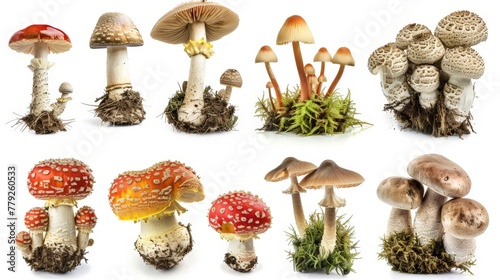 various types of mushrooms, white background, 