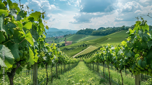 A lush green vineyard stretching across rolling hills, with grapevines heavy with clusters of ripening fruit.
