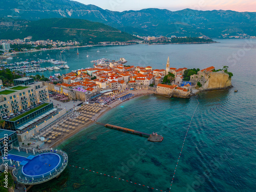 Sunset aerial view of the old town of Budva, Montenegro
