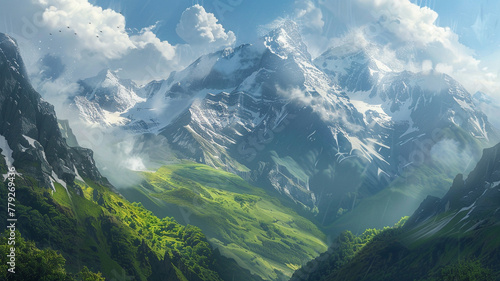 A breathtaking mountain vista with snow-capped peaks and green valleys.