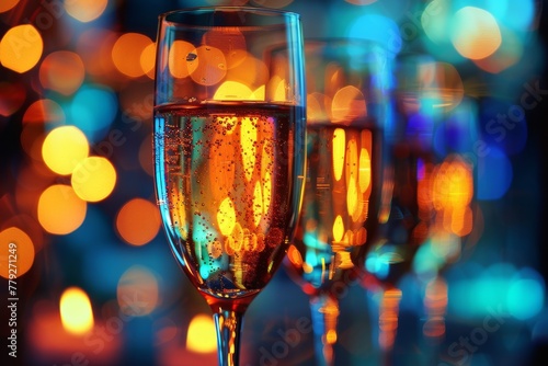 Two glasses of champagne backlit by vibrant, circular bokeh lights, convey a mood of celebration and revelry