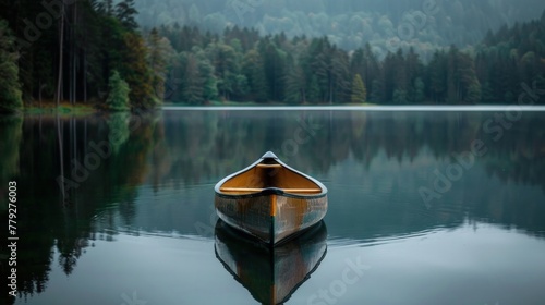A canoe glides peacefully on the tranquil waters.