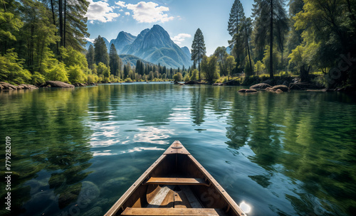 Serene canoe trip on a forested mountain lake