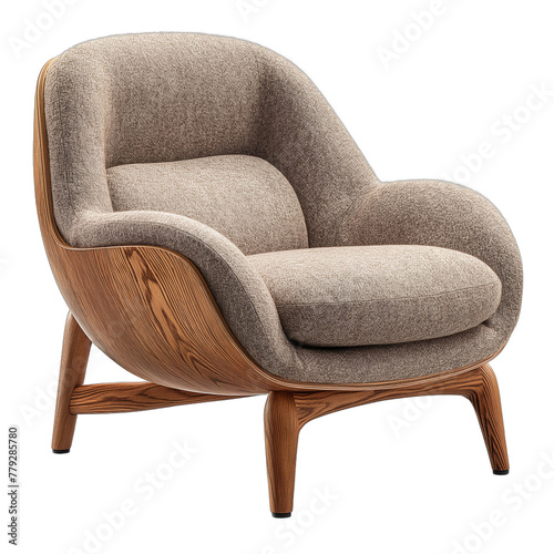 Midcentury modern wooden armchair with beige cushion isolated on white background 3d rendering