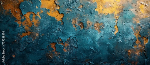 Blue and yellow paint is peeling off the surface of a weathered wall, revealing the layers beneath in a close-up view
