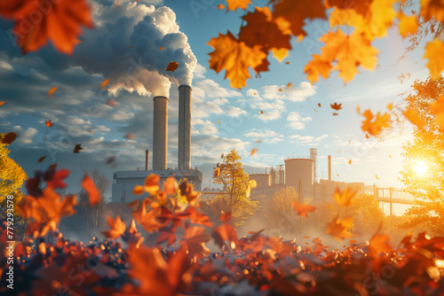 Smoke rises from industrial chimneys against a backdrop of autumn foliage and clear blue skies.carbon footprint and environmental management concept.