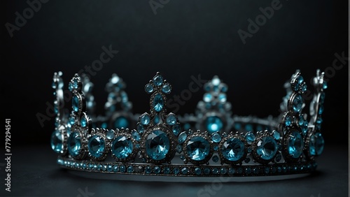 a royal crown with aquamarine shiny sparkling gemstones on plain black background from Generative AI