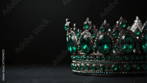 a royal crown with green emerald shiny sparkling gemstones on plain black background from Generative AI
