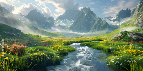 Painting of a mountain landscape with a stream and a stream running through it a river runs through a forest with mountains in the background.AI Generative 