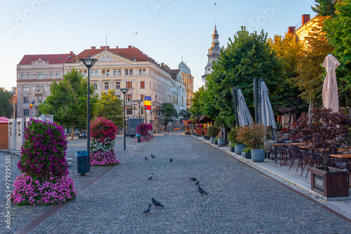 Sunset view of Piata Unirii square in the old town of Cluj-Napoca, Romania