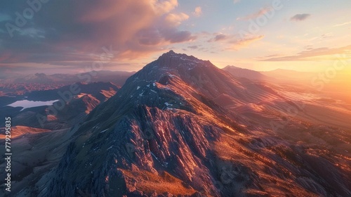 A panoramic shot of a mountain peak during sunrise