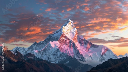 A panoramic shot of a mountain peak during sunrise or sunset.
