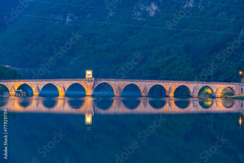 Sunrise view of Mehmed Pasa Sokolovic Bridge in Visegrad, Bosnia and Herzegovina