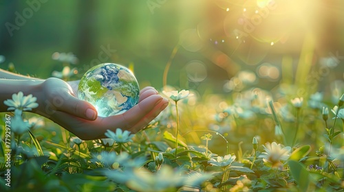 Sustain earth concept: Human hands holding global. Green Planet in Your Hands. Save Earth. Environment Concept. icon isolated on white background. 3d rendering illustration. Clipping path..