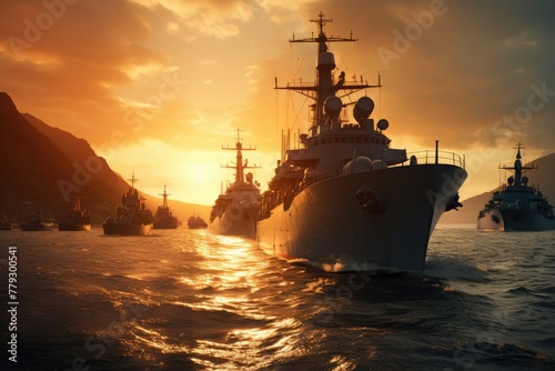 cinematic portrayal military navy ships in a sea bay during the golden hour. silhouette of ships vibrant sunset, lens flares and dynamic composition heroic nature of the naval setting