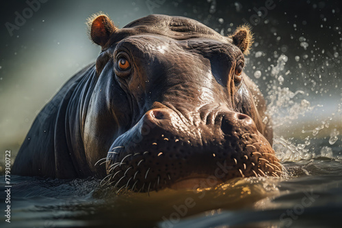 hippopotamus submerged in calm water, partially visible with nostrils and eyes above the surface, showcasing the serene beauty of these powerful creatures in their aquatic habitat