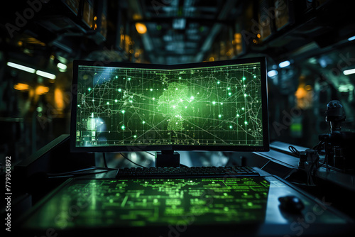 radar screen in a military command center, green blips representing incoming aircraft or vessels, the glow of the screen reflecting on the operator's face, emphasizing the urgency