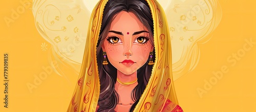 A cartoon illustration of a woman with long, layered hair, bangs, and a yellow veil covering her eye. She is smiling and making a playful gesture. The art captures a vibrant and joyful event