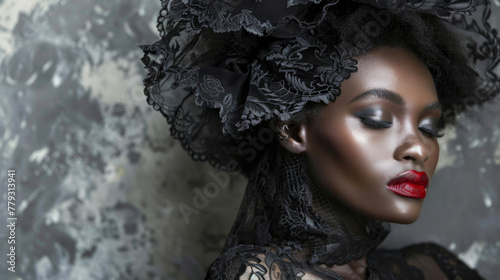 A bewitching black woman adorned in a decadent lace and velvet dress her captivating appearance channeling the captivating beauty of a Transylvanian vampire queen. .