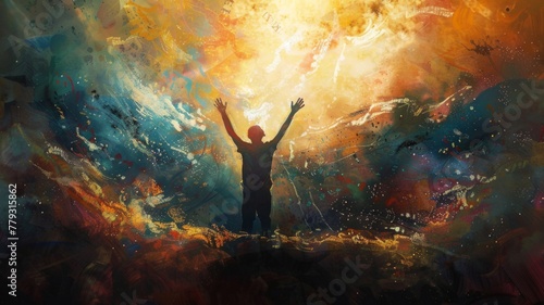 Person celebrating in a vibrant abstract art - A silhouette of a person with arms raised in jubilation against a backdrop of dynamic, abstract bursts of color This image conveys a sense of triumph and