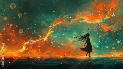 an art about some river in a silhouette of a girl. The river is flowing out like air. the color of painting is in orange, green, white and a little blue.