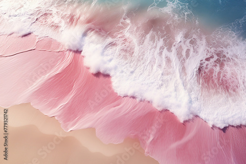 Oil Painting of Aerial View White and Pink Ripple Ocean Wave Crashing On The Pink Sand