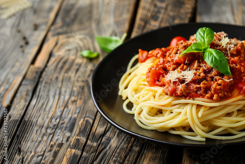Delicious Spaghetti Bolognese Garnished with Fresh Parmesan and Basil on Elegant Black Plate