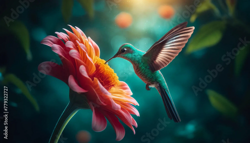 A hummingbird in mid-flight, delicately drinking nectar from a vibrant flower.