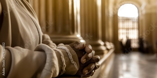 Praying hands clasped together in a church aisle, invoking a sense of peace and piety in a serene, light-filled religious sanctuary.