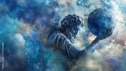 Statue holding the world amidst cosmic backdrop - A classical statue cradles the Earth against a cosmic backdrop, representing themes of power, creation, and the universal scale of existence
