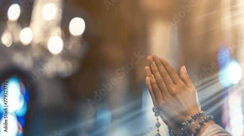  Close-up of a person in prayer with hands clasped and a rosary, set against a defocused background with warm light, conveying a sense of faith and spirituality.