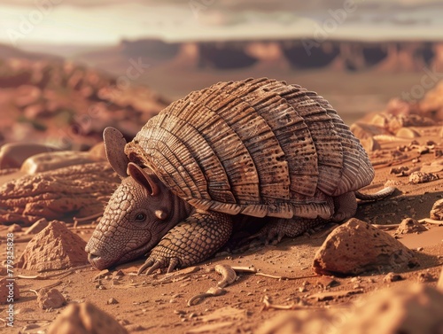 An armadillo rolling into a ball to navigate the rugged Martian terrain showcasing adaptive behaviors in new environments