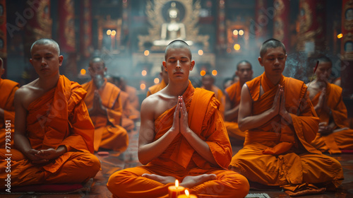 Monks in meditation with a serene expression in a traditional temple setting, embodying peace and spirituality.