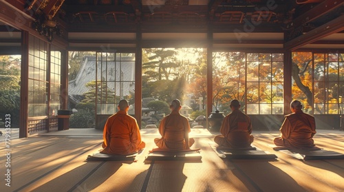 Monks in meditation with a serene expression in a traditional temple setting, embodying peace and spirituality.