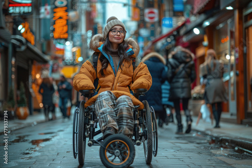 A model with a visible disability, wearing a stylish outfit that is both fashionable and functional
