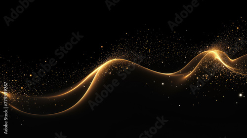 Luxury flowing dot particles wave line pattern yellow gold gradient light isolated on dark black background. Concept of AI technology, science, soundwave, big data , website template, landing page.