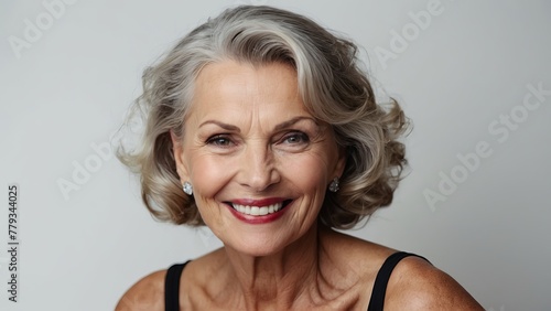 Beautiful gorgeous mid aged mature woman looking at camera isolated on white. Mature old lady close up portrait. Healthy face skin care beauty, middle age skincare cosmetics, cosmetology concept