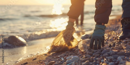Volunteer picking up trash on a pebbly beach at sunset, focusing on environmental care.