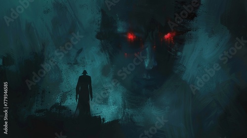 The devil appears in a dream, his menacing silhouette looming in the darkness , 2D illustration