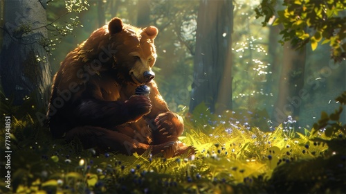 A bear sits in a sunlit forest eating a handful of blueberries.