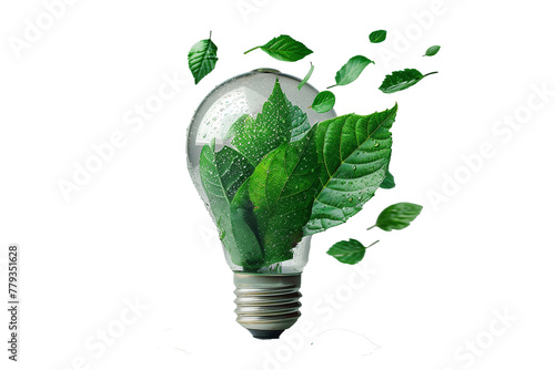 Green eco-friendly energy concept with light bulb and green leaves isolated on transparent background